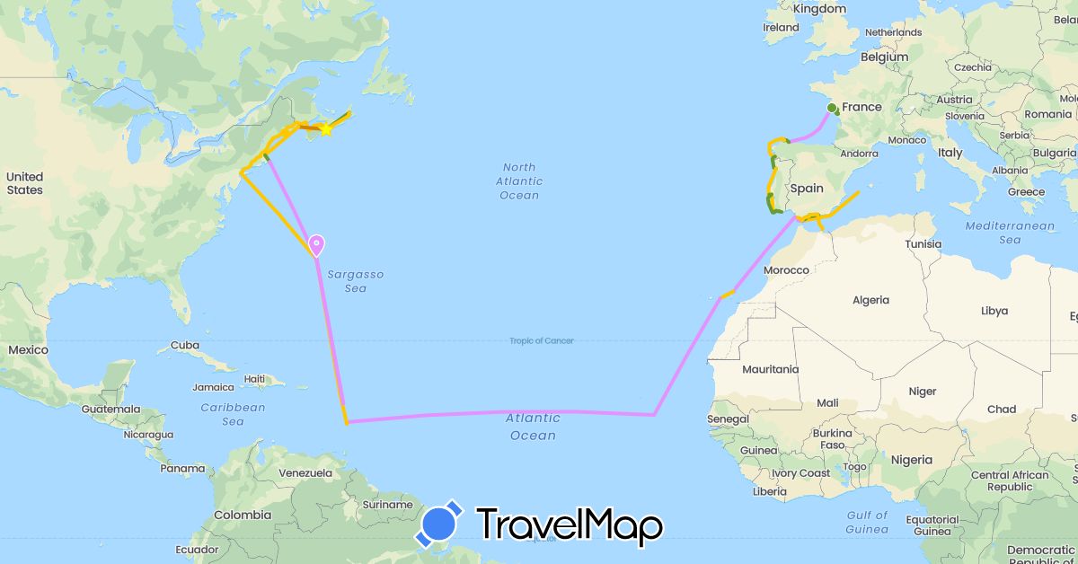 TravelMap itinerary: driving, day sail, overnight sail, two nights sail, passage sail (>3 nights) in Antigua and Barbuda, Bermuda, Canada, Cape Verde, Dominica, Spain, France, Gibraltar, Saint Lucia, Portugal, United States (Africa, Europe, North America)